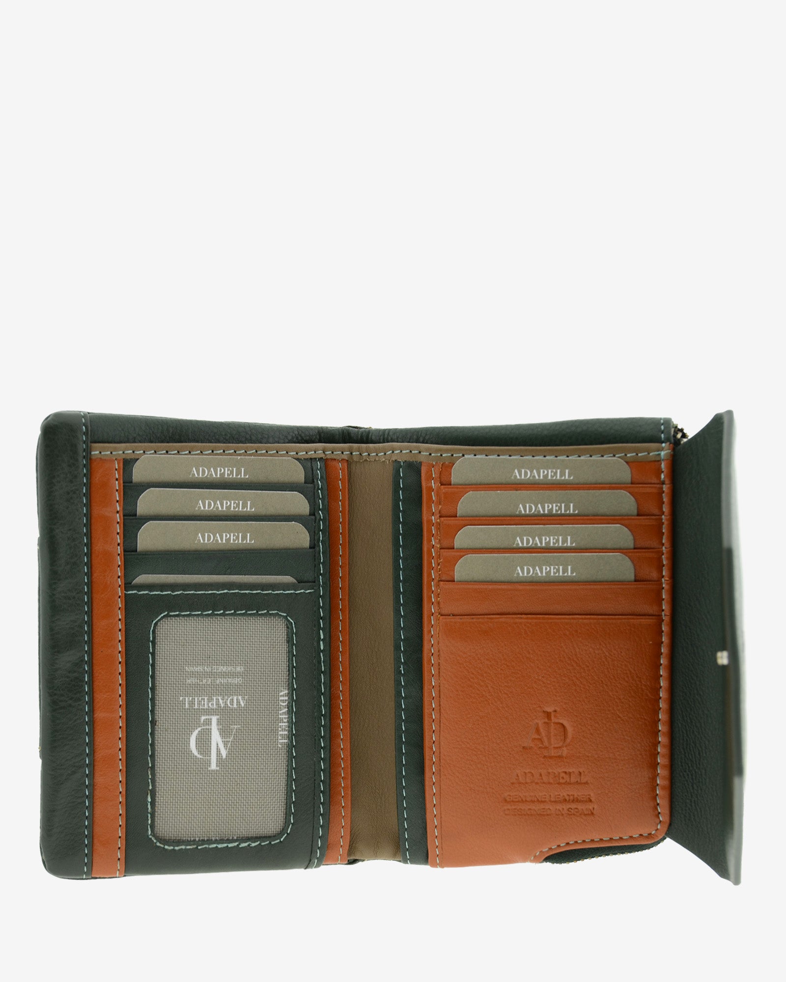 Cartera pequena de mujer en piel autentica de color verde con forma de sobre. Ref. 4236-5. Vista interior