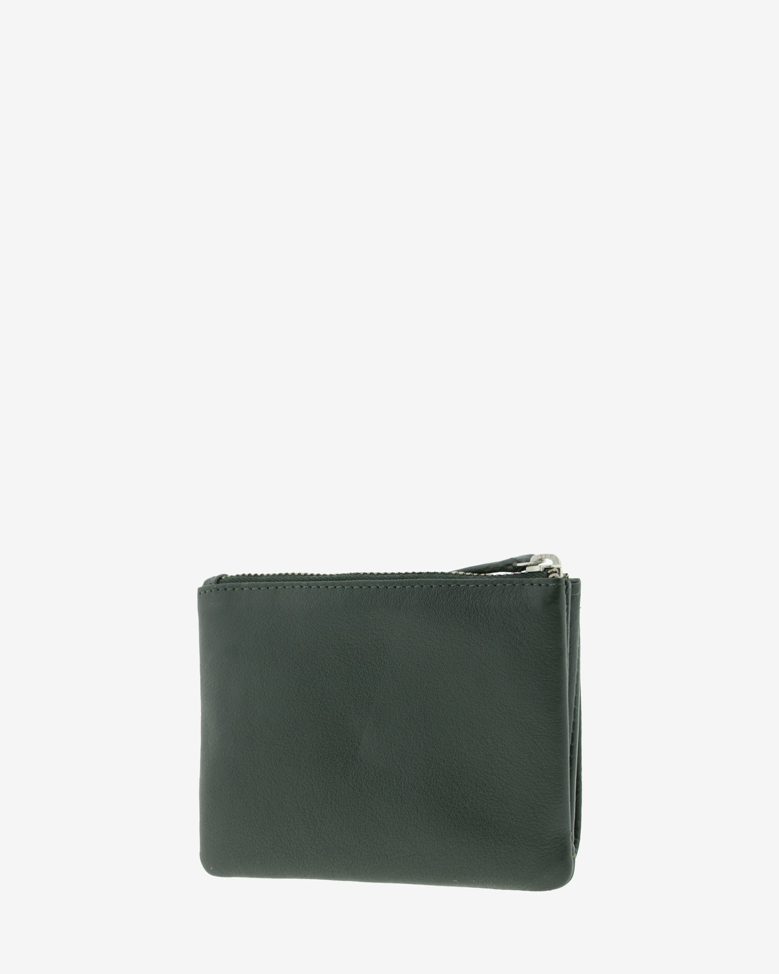 Cartera pequena de mujer en piel autentica con forma de sobre en color verde. Ref. 4237-5. Vista trasera lisa con portamonedas cremallera.