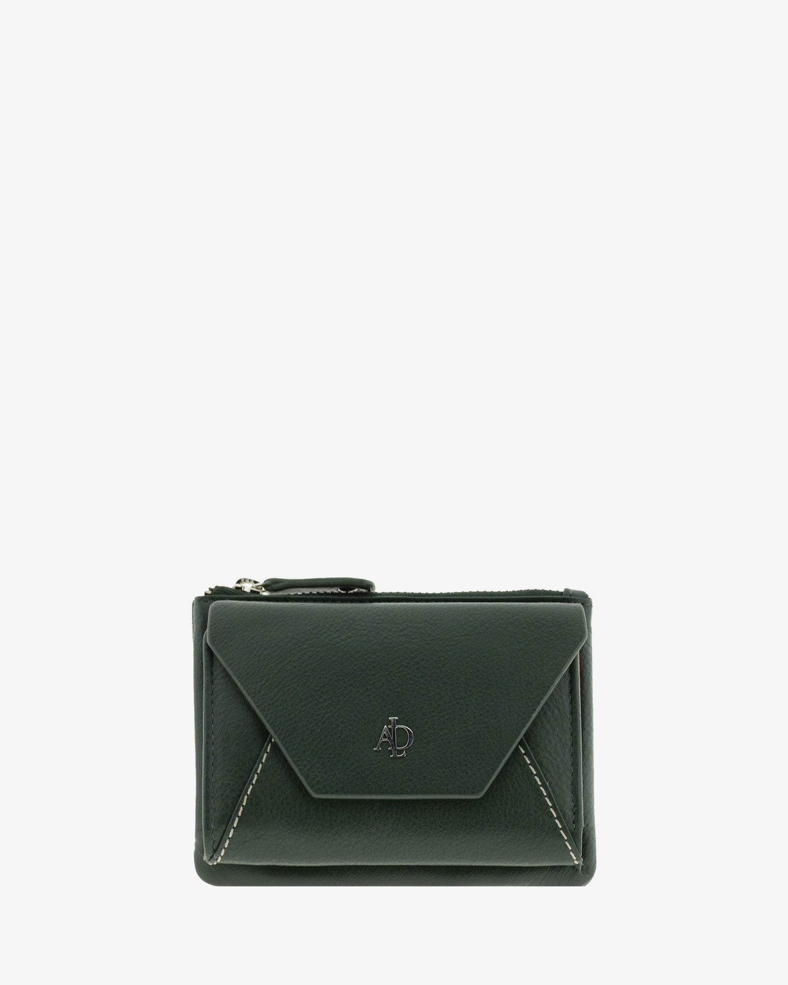 Cartera pequena de mujer en piel autentica con forma de sobre en color verde. Ref. 4237-5. Vista frontal.