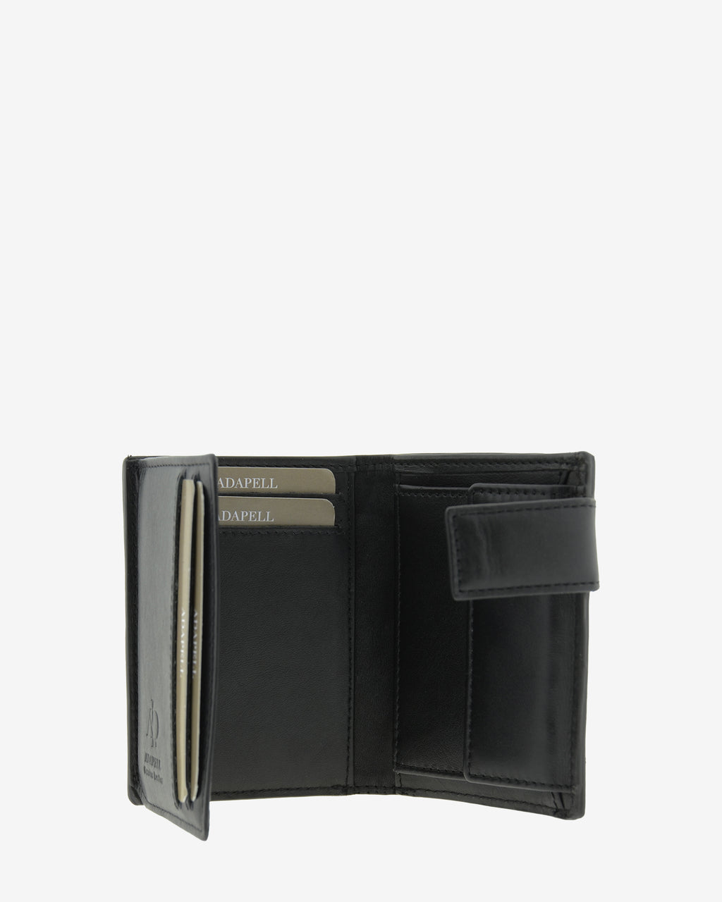 Cartera vertical compacta de piel color negro abierta con compartimentos para tarjetas, billetes y monedero, ref. 1666-1