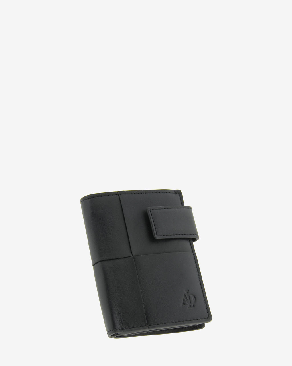 Cartera vertical compacta de piel color negro con RFID y cierre de botón, vista diagonal frontal, ref. 1666-1