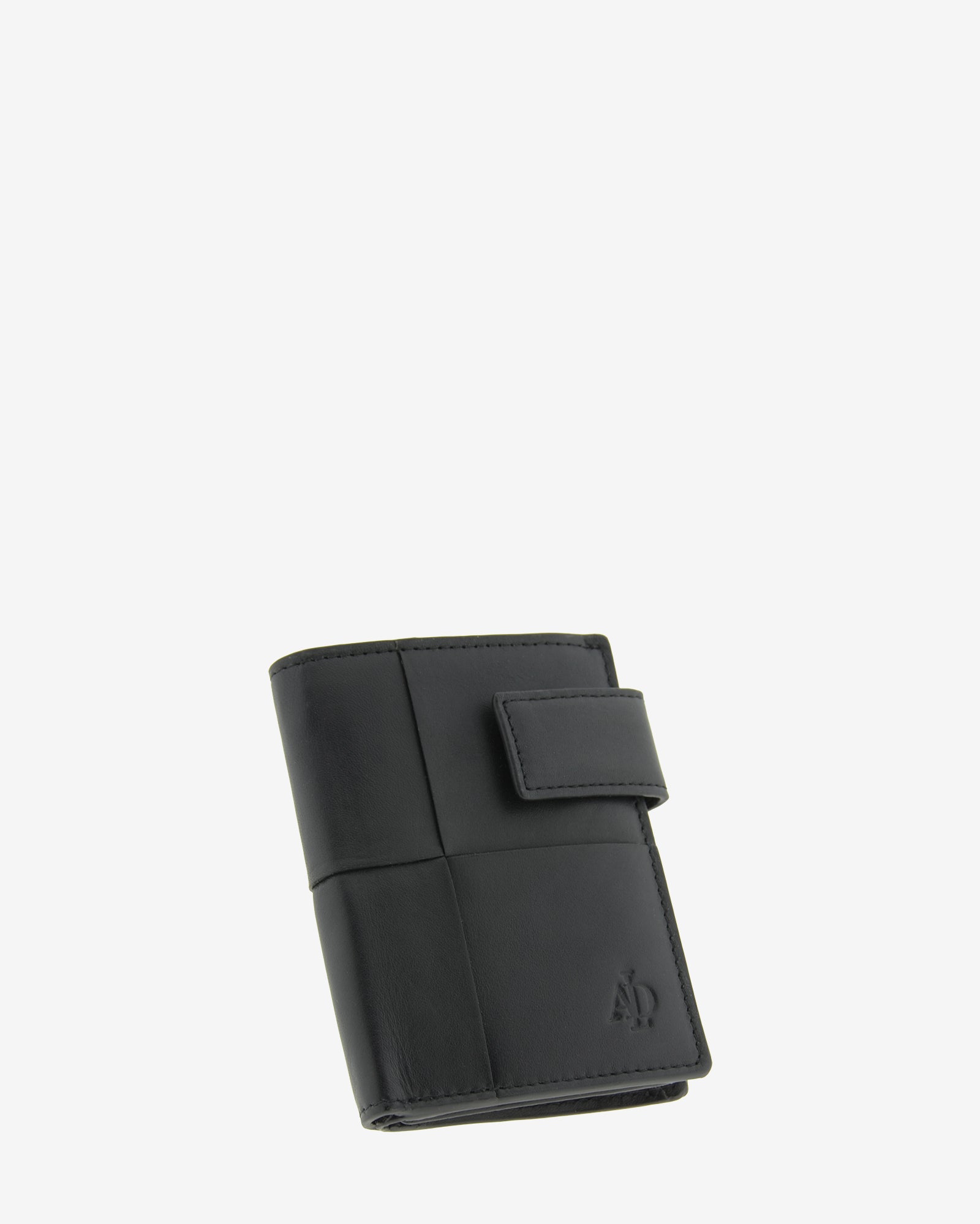 Cartera vertical compacta de piel color negro con RFID y cierre de botón, vista diagonal frontal, ref. 1666-1