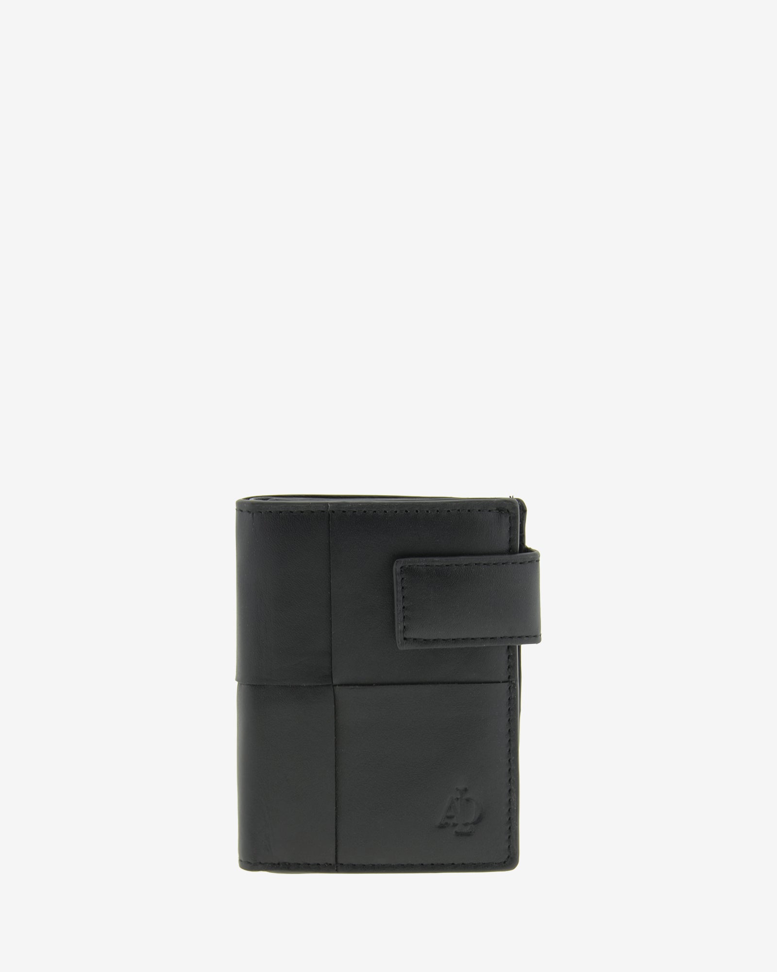 Cartera vertical compacta de piel color negro con RFID y cierre de botón, vista frontal, ref. 1666-1