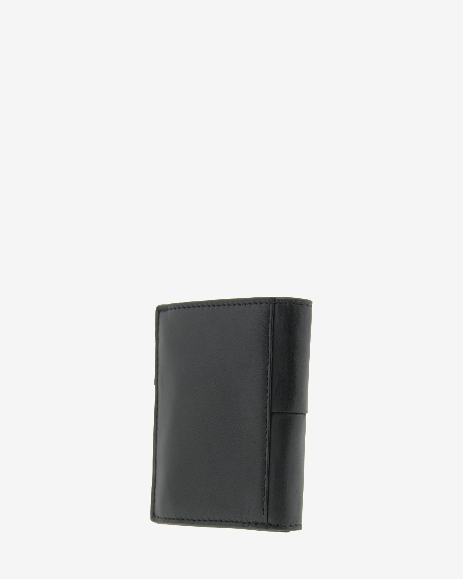 Cartera vertical compacta de piel color negro con cierre de botón, vista diagonal trasera, ref. 1666-1