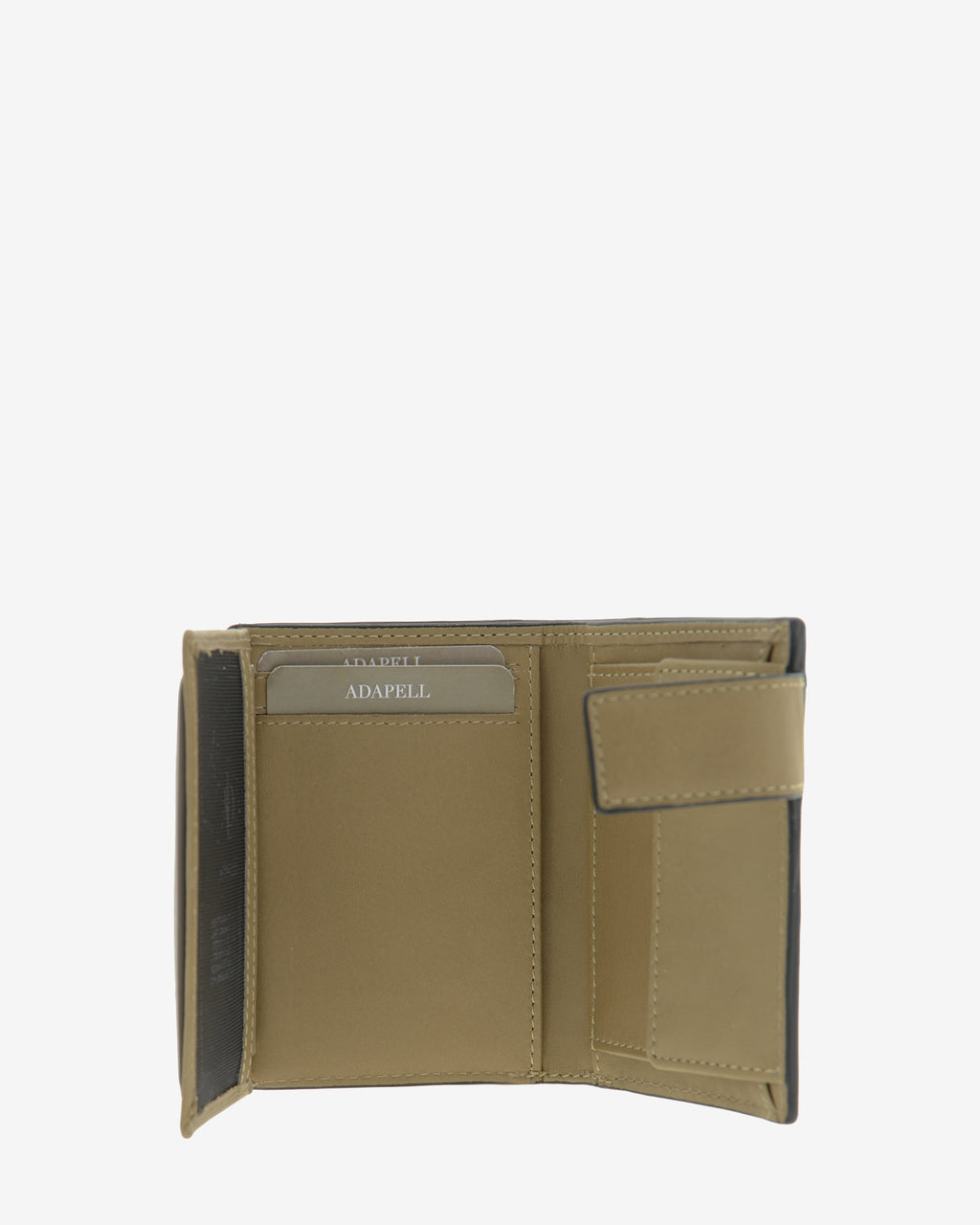 Cartera vertical compacta de piel color topo abierta con compartimentos para tarjetas, billetes y monedero, ref. 1666-12