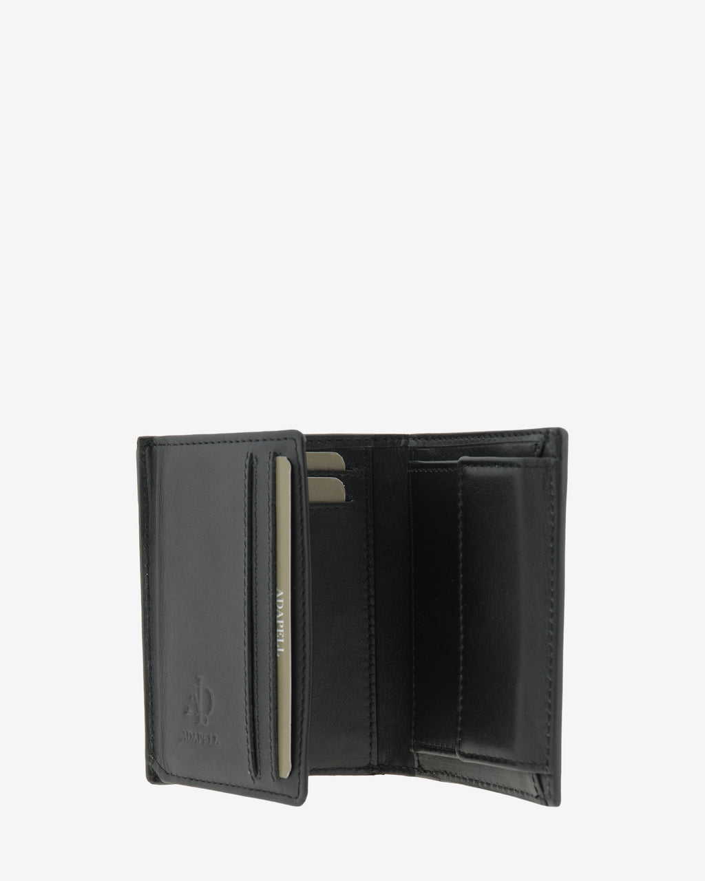 Cartera vertical de piel color negro abierta con compartimentos para tarjetas, billetes y monedero, ref. 1665-1
