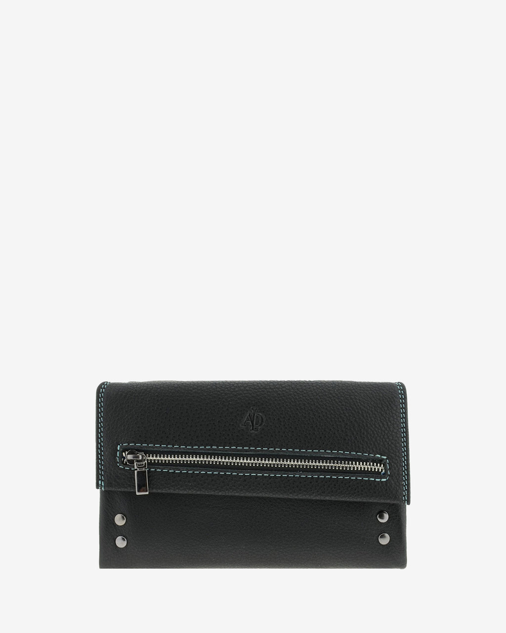 Cartera grande 4163 en color negro, vista frontal con cremallera exterior y detalles metálicos