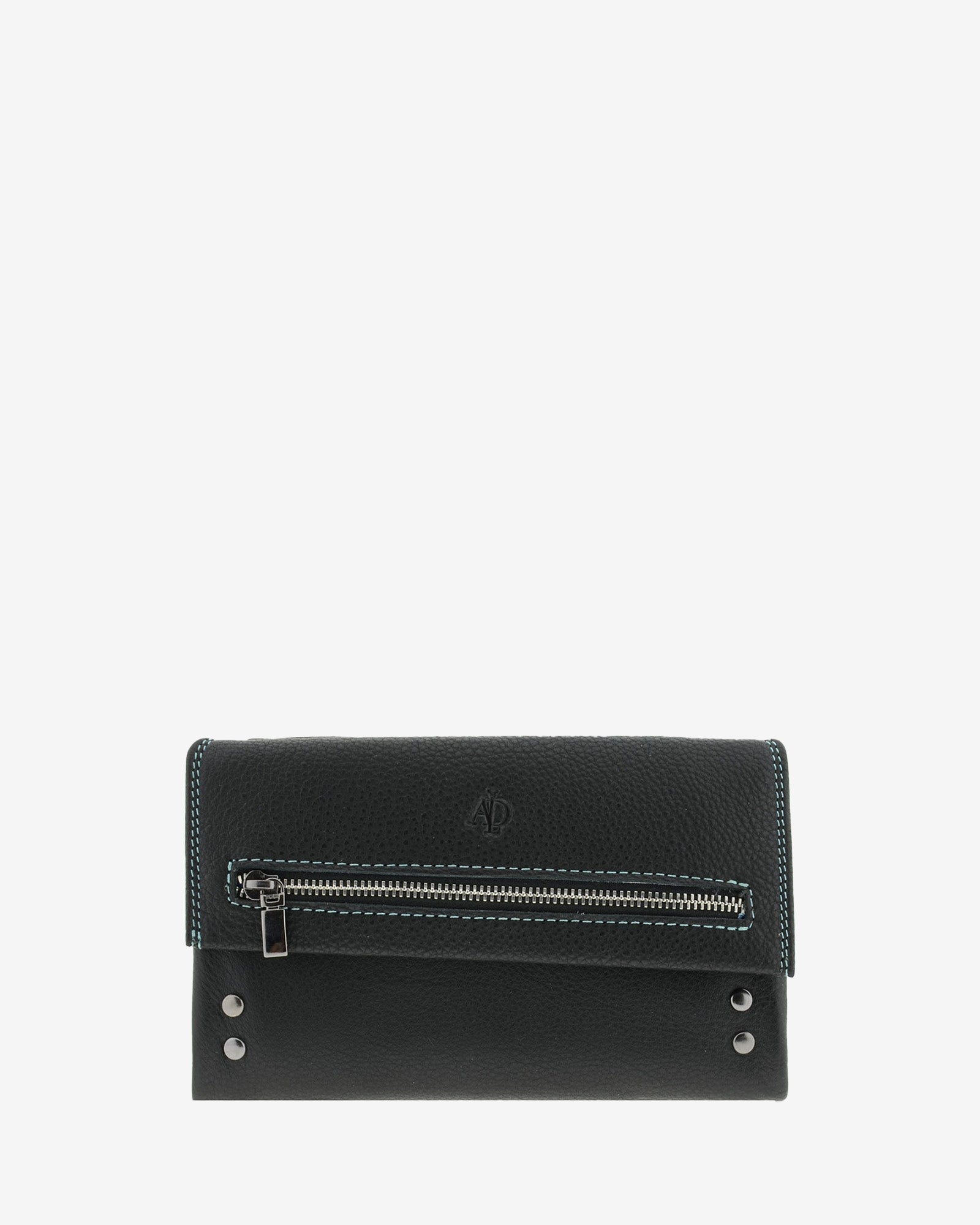 Cartera grande 4163 en color negro, vista frontal con cremallera exterior y detalles metálicos