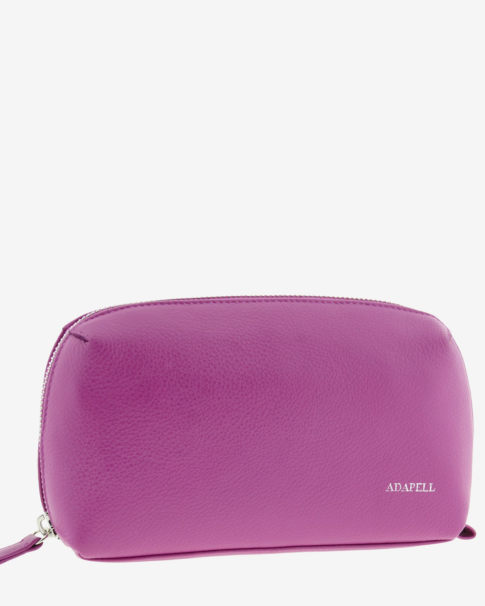 Tech pouch, estuche tecnológico en piel auténtica en color lila y cierre de cremallera, vista diagonal frontal