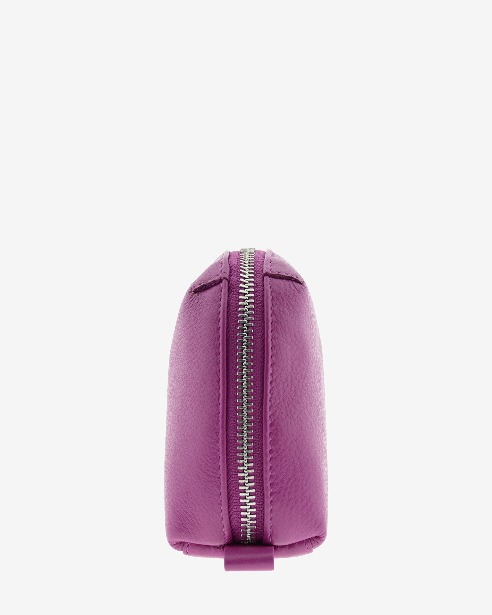 Tech pouch, estuche tecnológico en piel auténtica en color lila y cierre de cremallera, vista lateral
