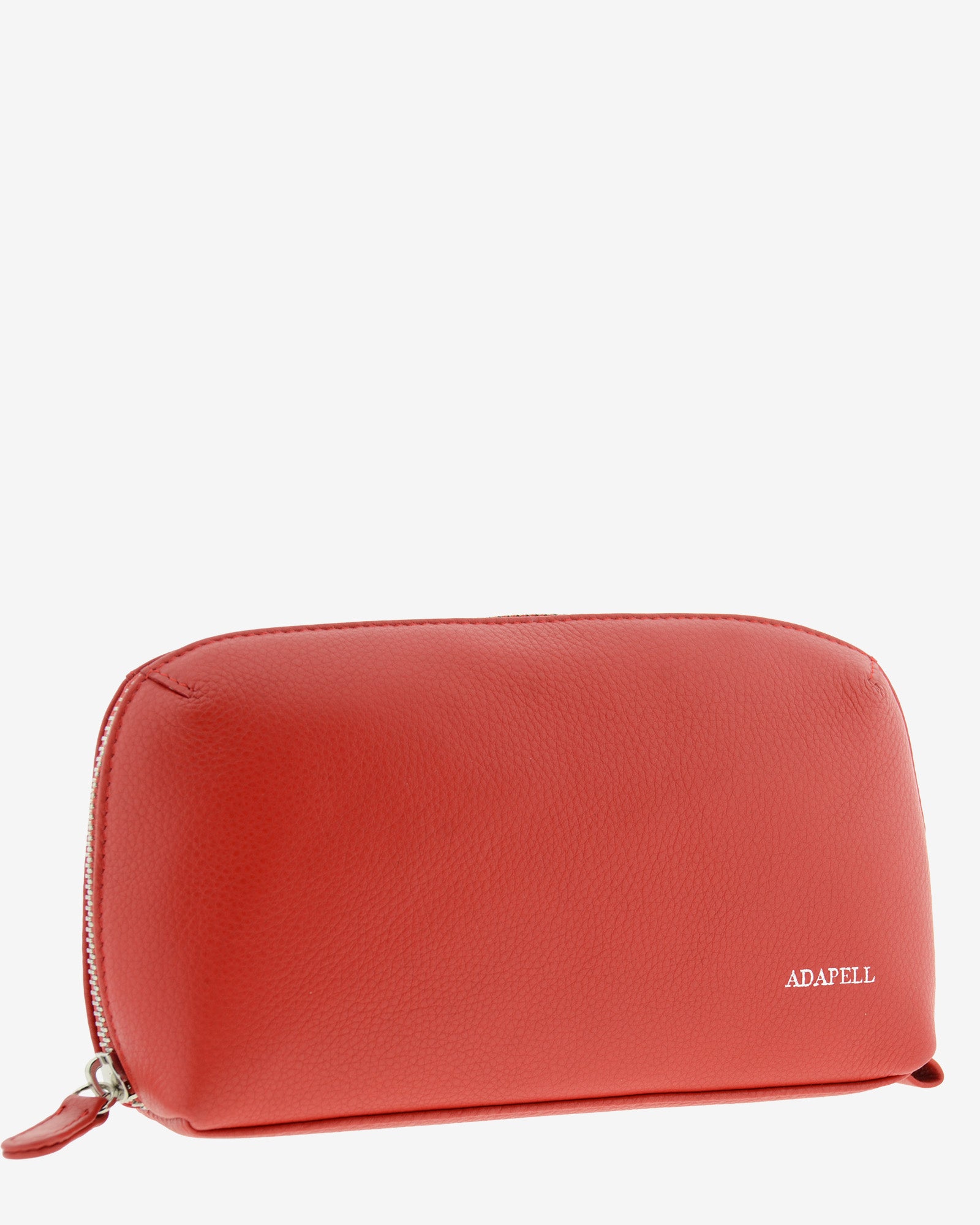 Tech pouch, estuche tecnológico en piel auténtica en color rojo y cierre de cremallera, vista diagonal frontal