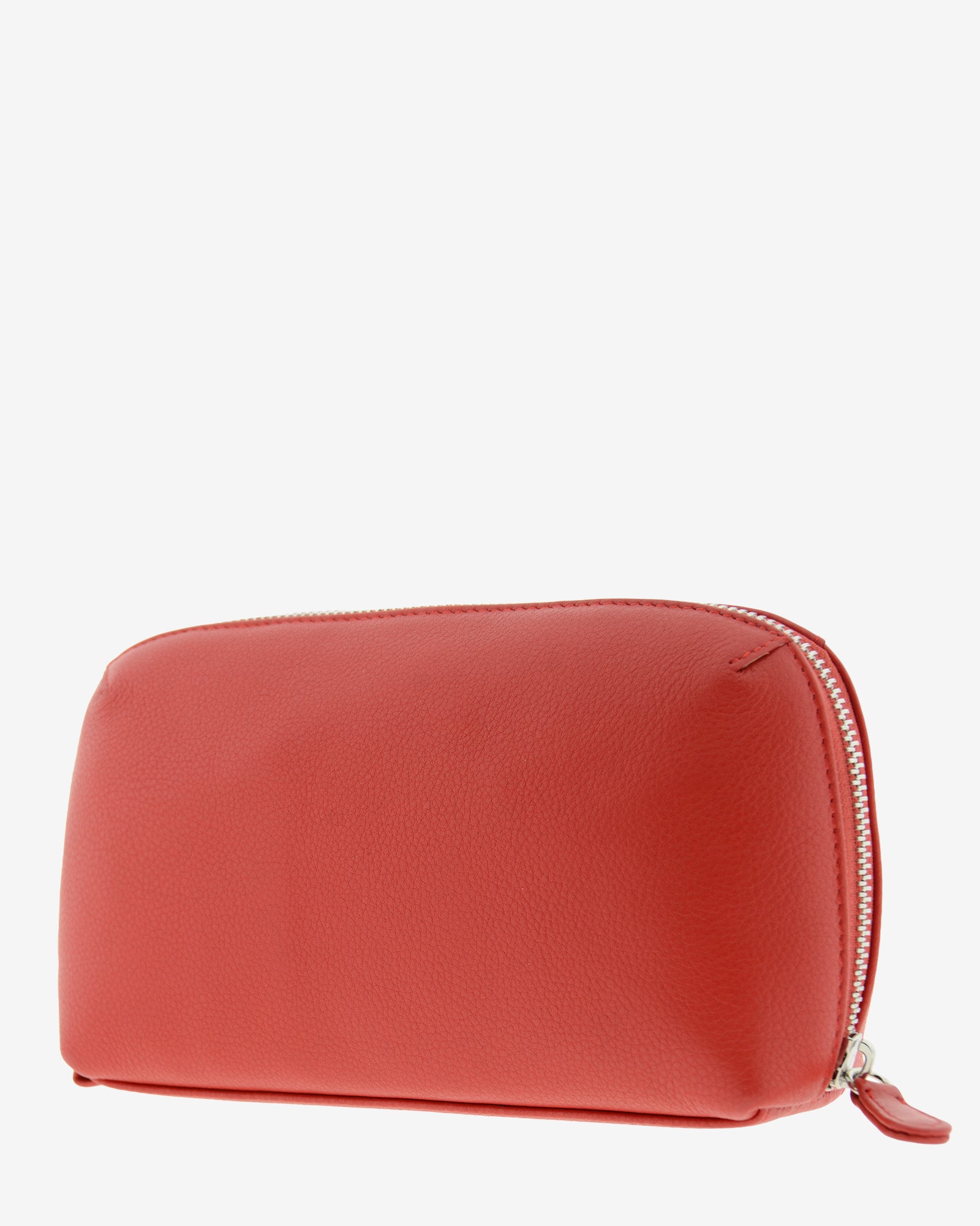 Tech pouch, estuche tecnológico en piel auténtica en color rojo y cierre de cremallera, vista diagonal trasera