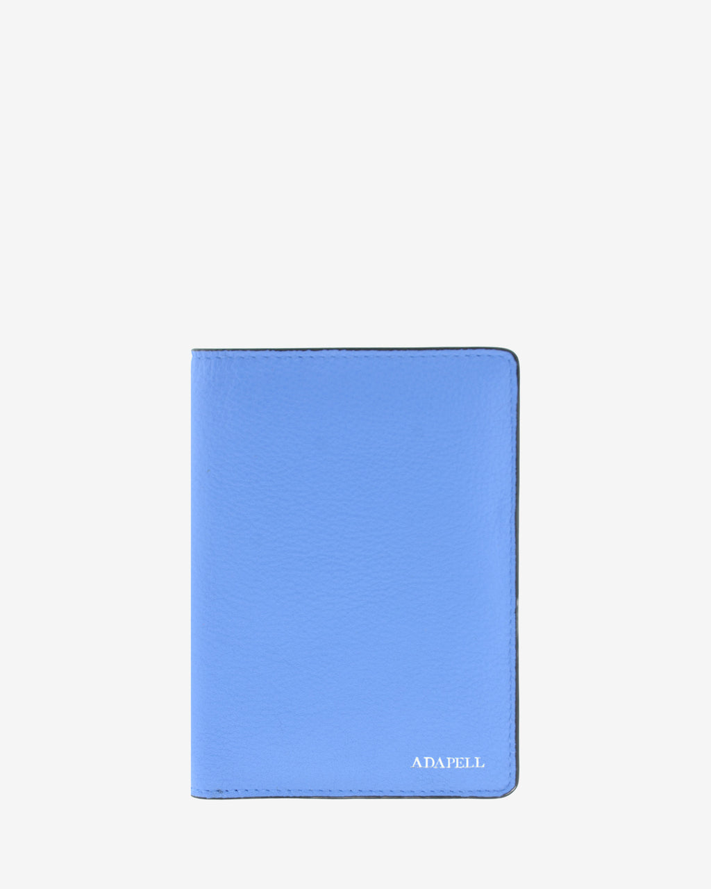 Funda pasaporte en piel auténtica muy suave de color azul y cantos en negro, ref. 8087-14, con protección RFID, y logo plateado Adapell, vista frontal