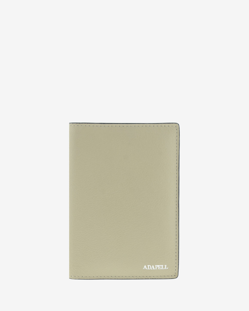 Funda pasaporte en piel auténtica muy suave de color ice stone y cantos en negro, ref. 8087-12, con protección RFID, y logo plateado Adapell, vista frontal