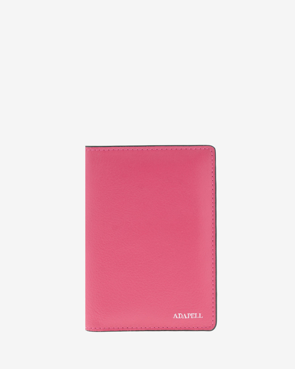 Funda pasaporte en piel auténtica muy suave de color fucsia y cantos en negro, ref. 8087-25, con protección RFID, y logo plateado Adapell, vista frontal