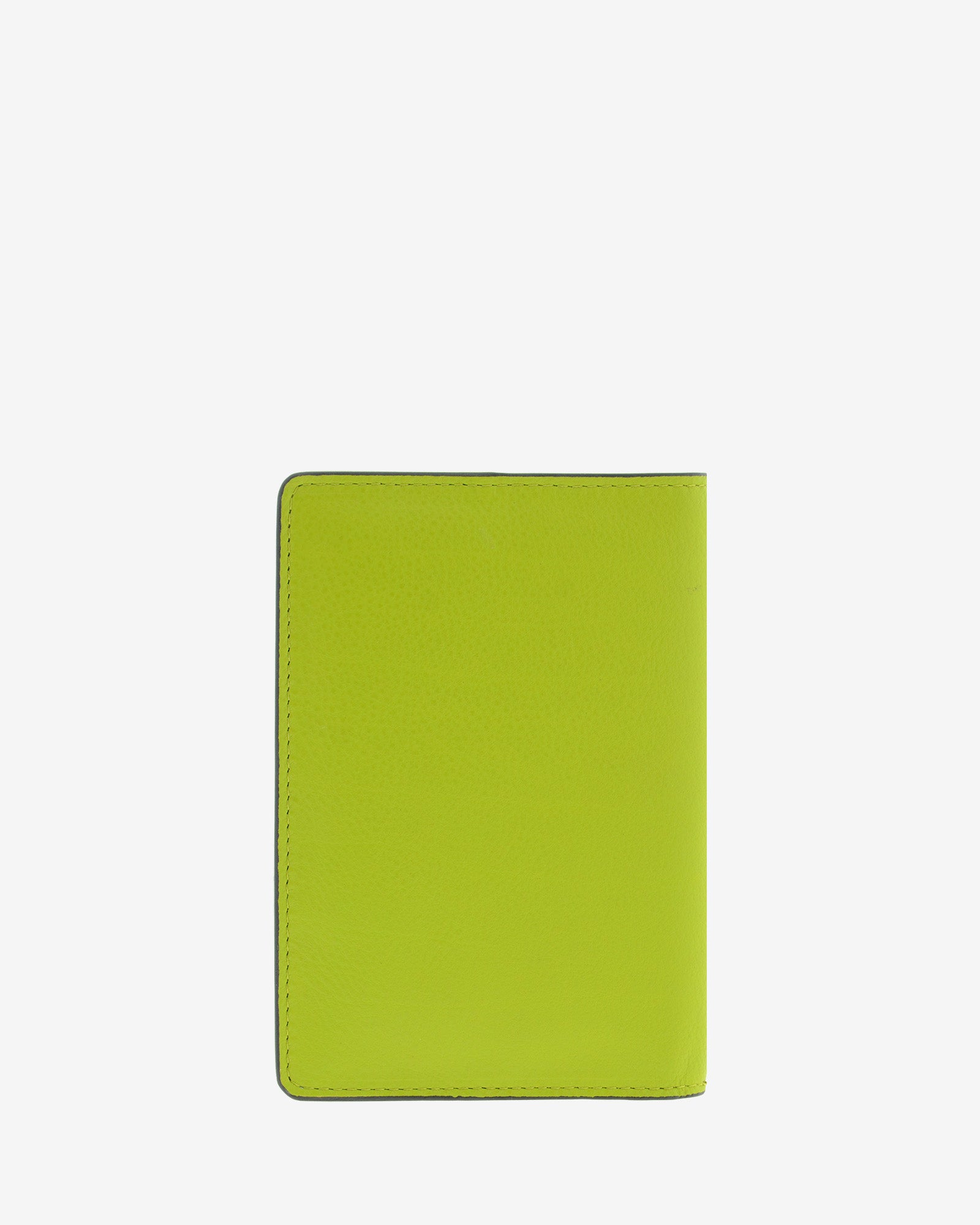 Funda pasaporte en piel auténtica muy suave de color lima y cantos en negro, ref. 8087-17, con protección RFID, vista trasera