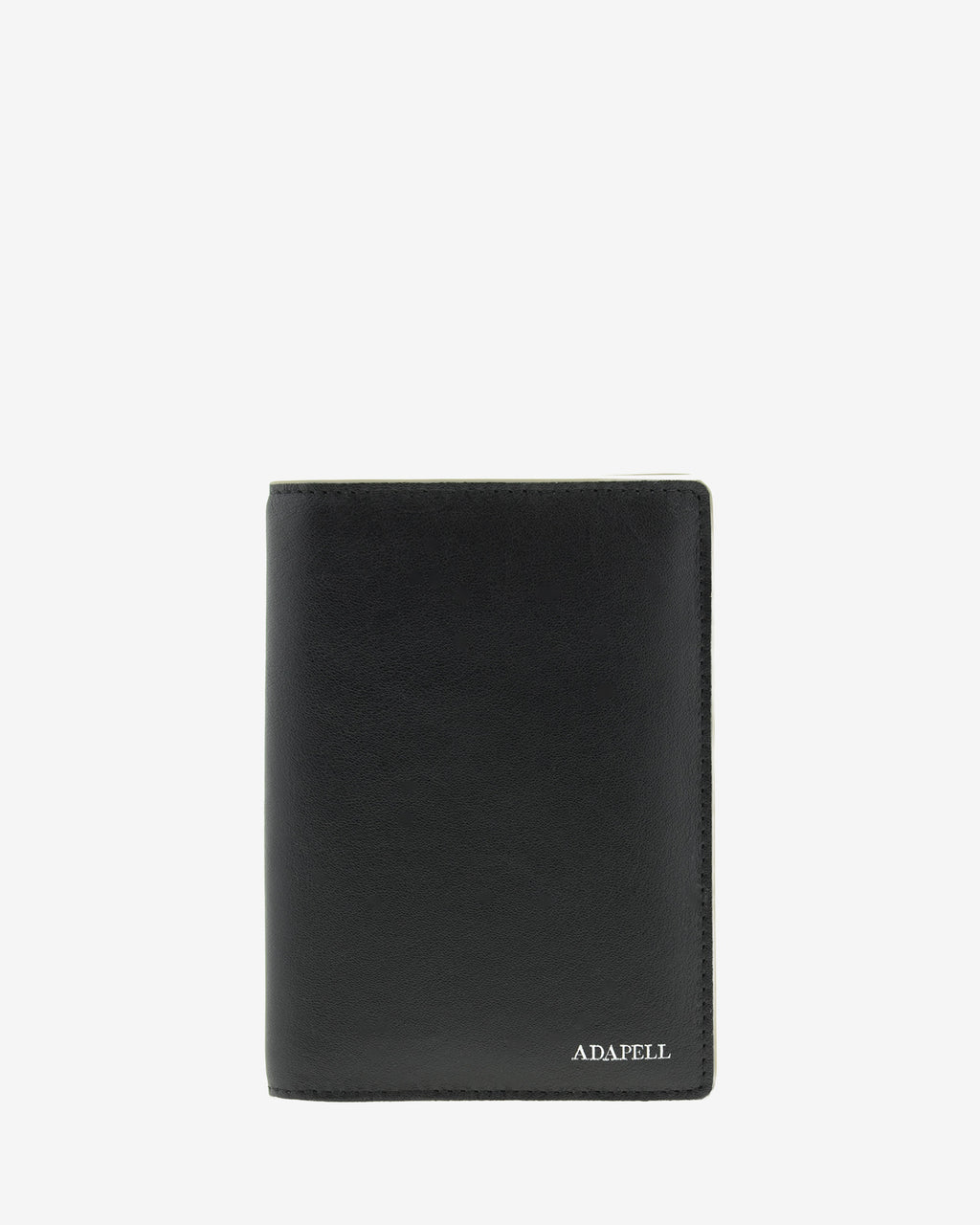 Funda pasaporte en piel auténtica muy suave de color negro y cantos en gris, con protección RFID, y logo plateado Adapell, vista frontal