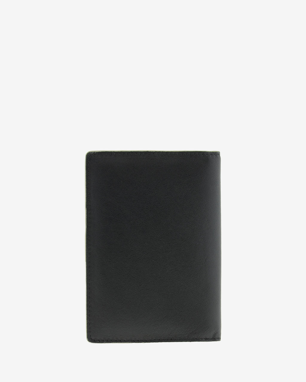 Funda pasaporte en piel auténtica muy suave de color negro y cantos en gris, con protección RFID, vista trasera