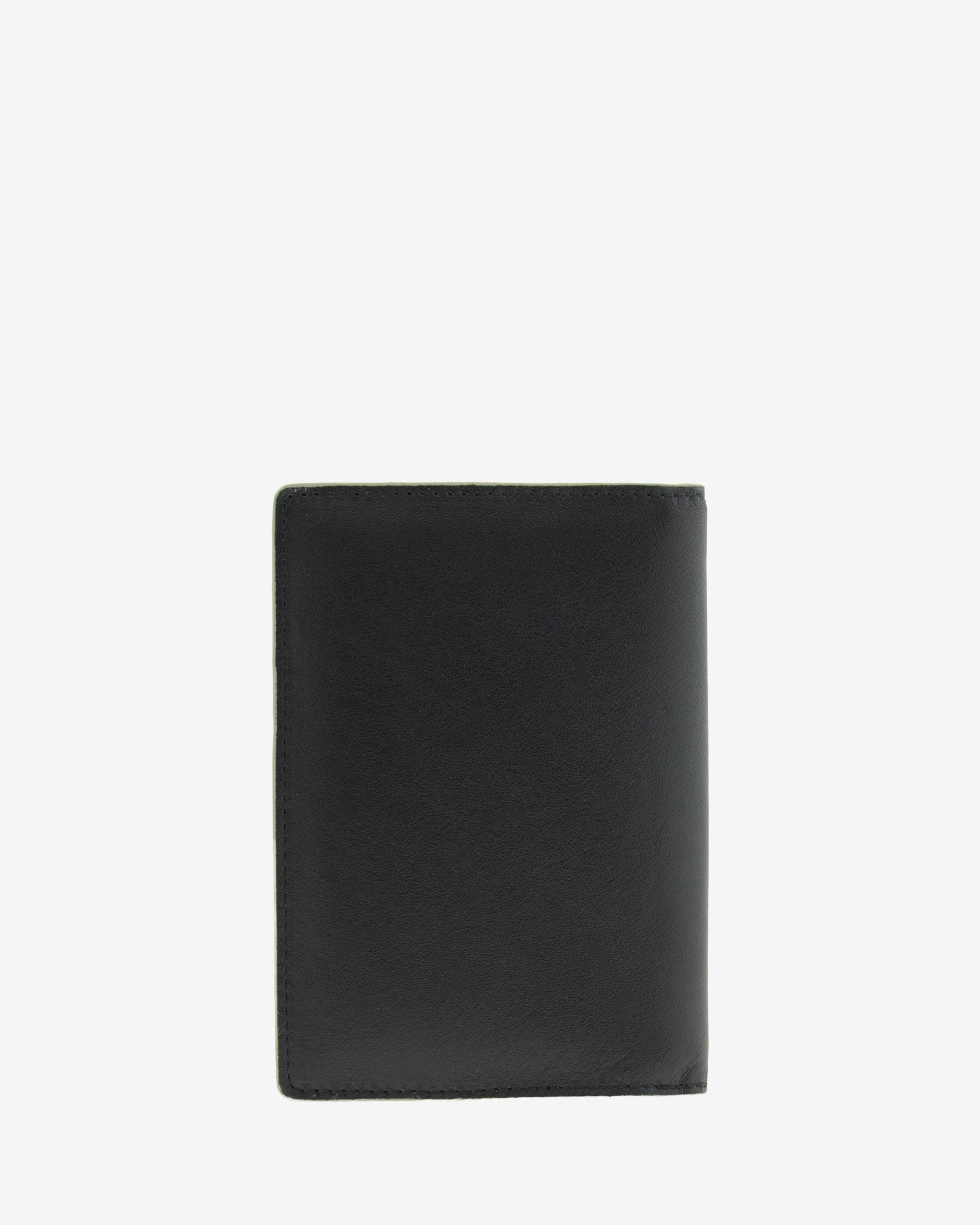 Funda pasaporte en piel auténtica muy suave de color negro y cantos en gris, con protección RFID, vista trasera