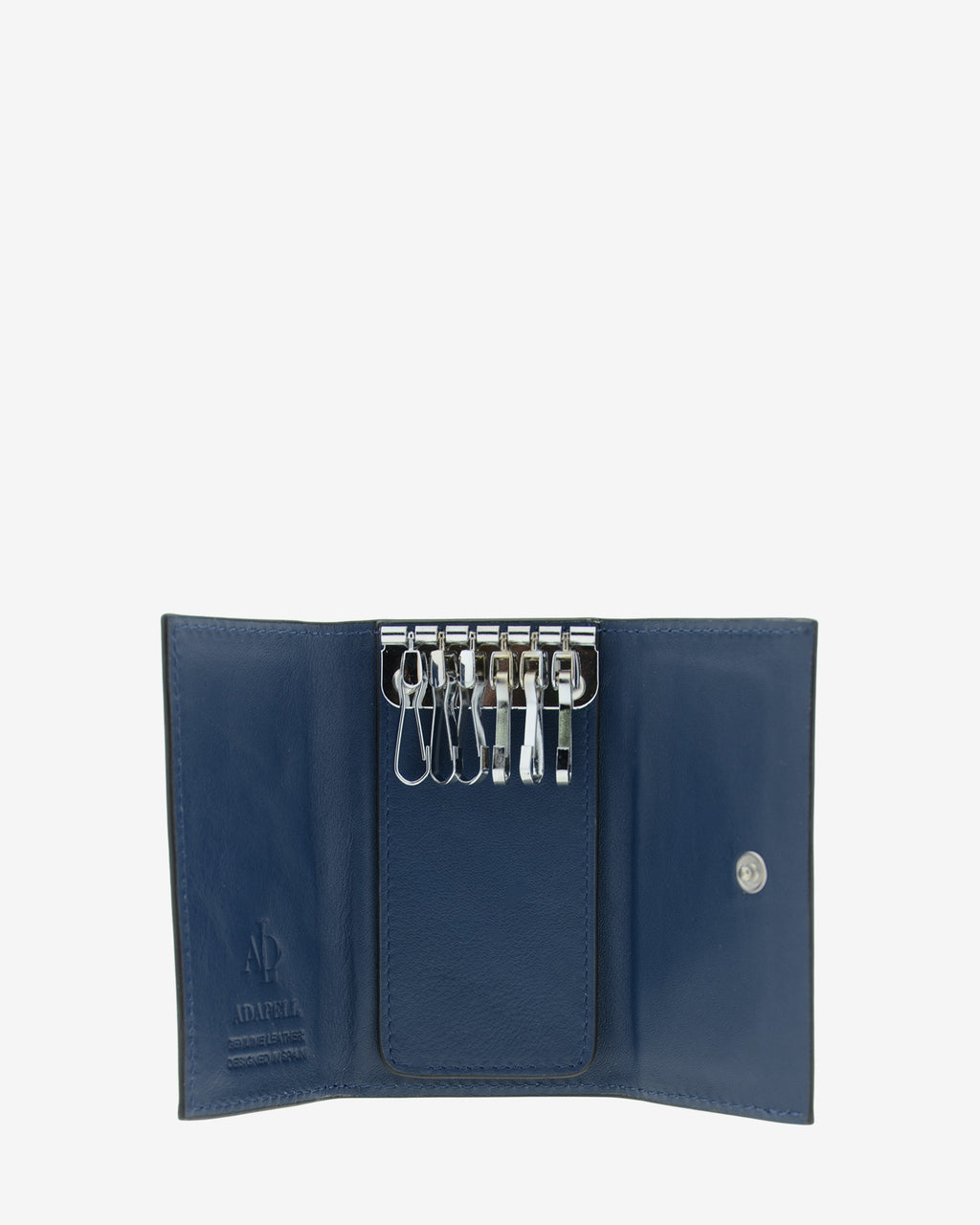 Llavero en piel auténtica de color azul marino y bordes en negro, ref. 8084-20, exterior e  interior de piel, mosquetón para 6 llaves y  compartimento exterior trasero para tarjeta, vista interior
