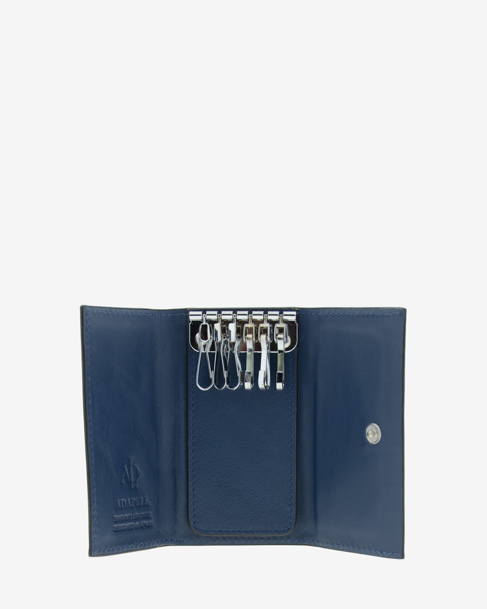 Llavero en piel auténtica de color azul marino y bordes en negro, ref. 8084-20, exterior e  interior de piel, mosquetón para 6 llaves y  compartimento exterior trasero para tarjeta, vista interior