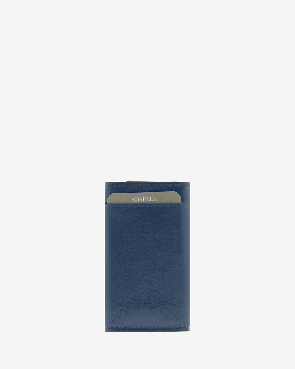 Llavero en piel auténtica de color azul marino y bordes en negro, ref. 8084-20, exterior e  interior de piel, mosquetón para 6 llaves y  compartimento exterior trasero para tarjeta, vista trasera