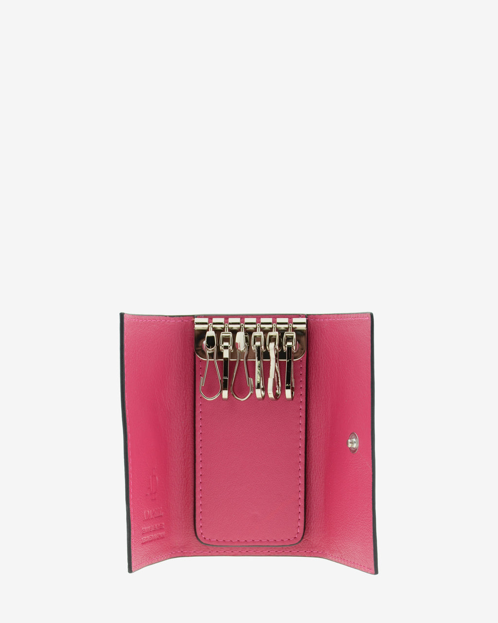 Llavero en piel auténtica de color fucsia y bordes en negro, ref. 8084-25, exterior e  interior de piel, mosquetón para 6 llaves y  compartimento exterior trasero para tarjeta, vista interior