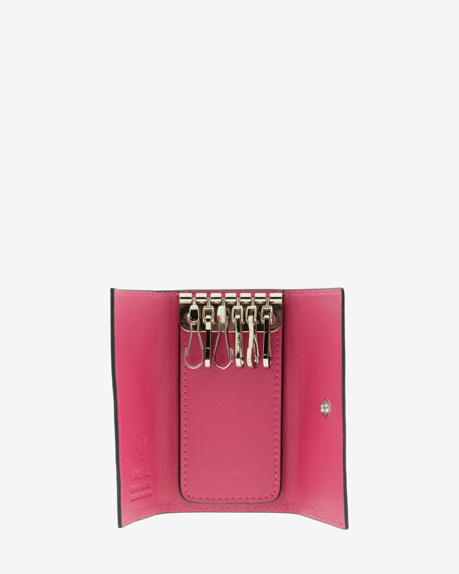 Llavero en piel auténtica de color fucsia y bordes en negro, ref. 8084-25, exterior e  interior de piel, mosquetón para 6 llaves y  compartimento exterior trasero para tarjeta, vista interior