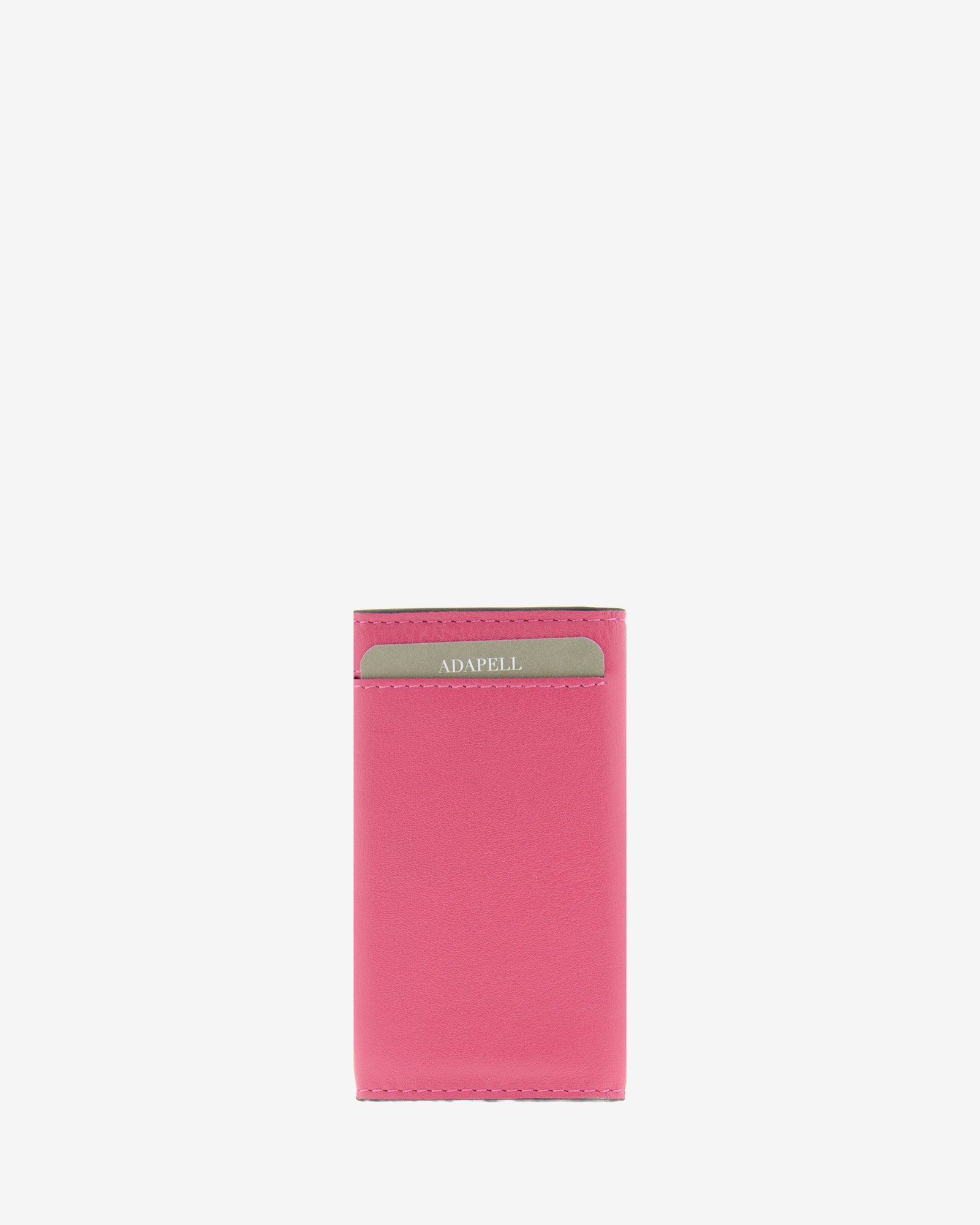 Llavero en piel auténtica de color fucsia y bordes en negro, ref. 8084-25, exterior e  interior de piel, mosquetón para 6 llaves y  compartimento exterior trasero para tarjeta, vista trasera