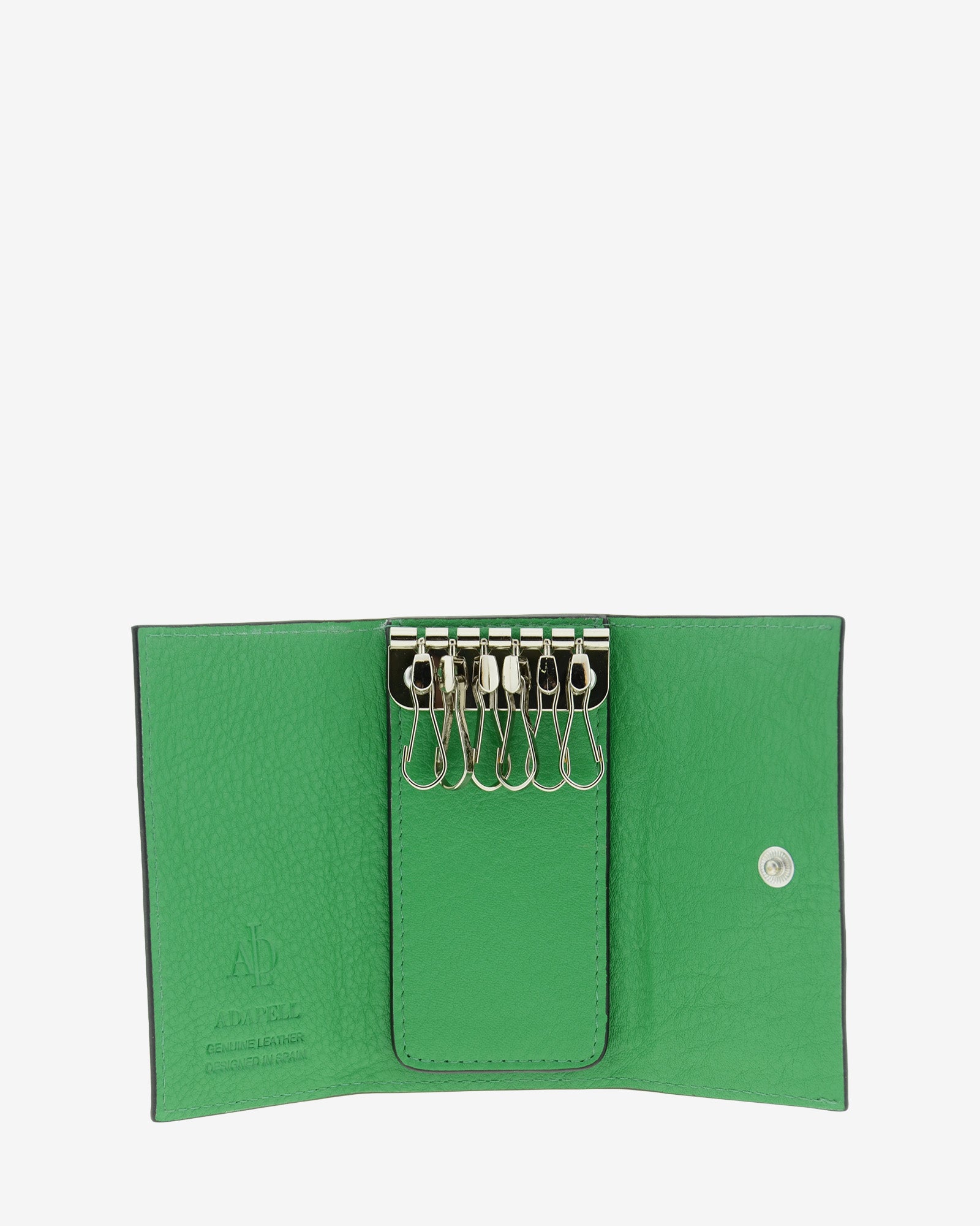 Llavero en piel auténtica de color verde, ref. 8084-5 y bordes en negro, con interior de piel, mosquetón para 6 llaves y exterior con compartimento para tarjeta, vista interior