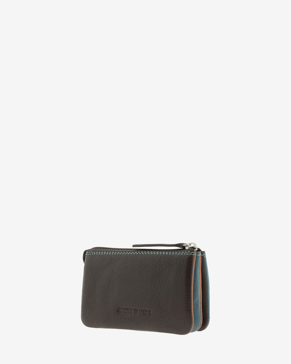 Monedero tarjetero de piel Adapell en color azul con cierre de cremallera ref. 4246-14 vista diagonal trasera en marron chocolate.