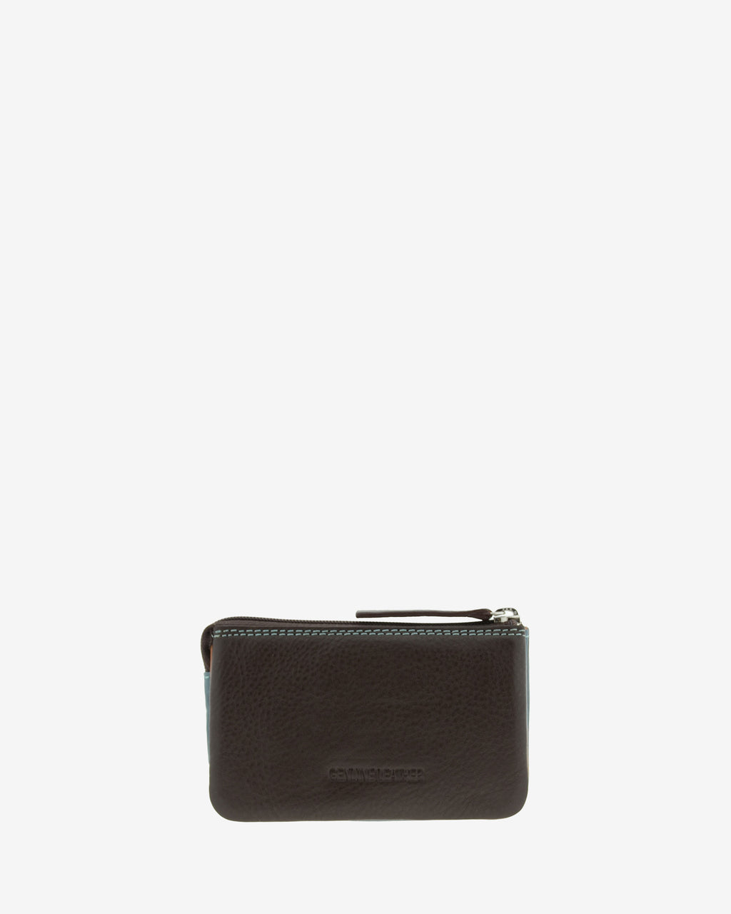 Monedero tarjetero de piel Adapell en color azul con cierre de cremallera ref. 4246-14 vista trasera en marron chocolate.