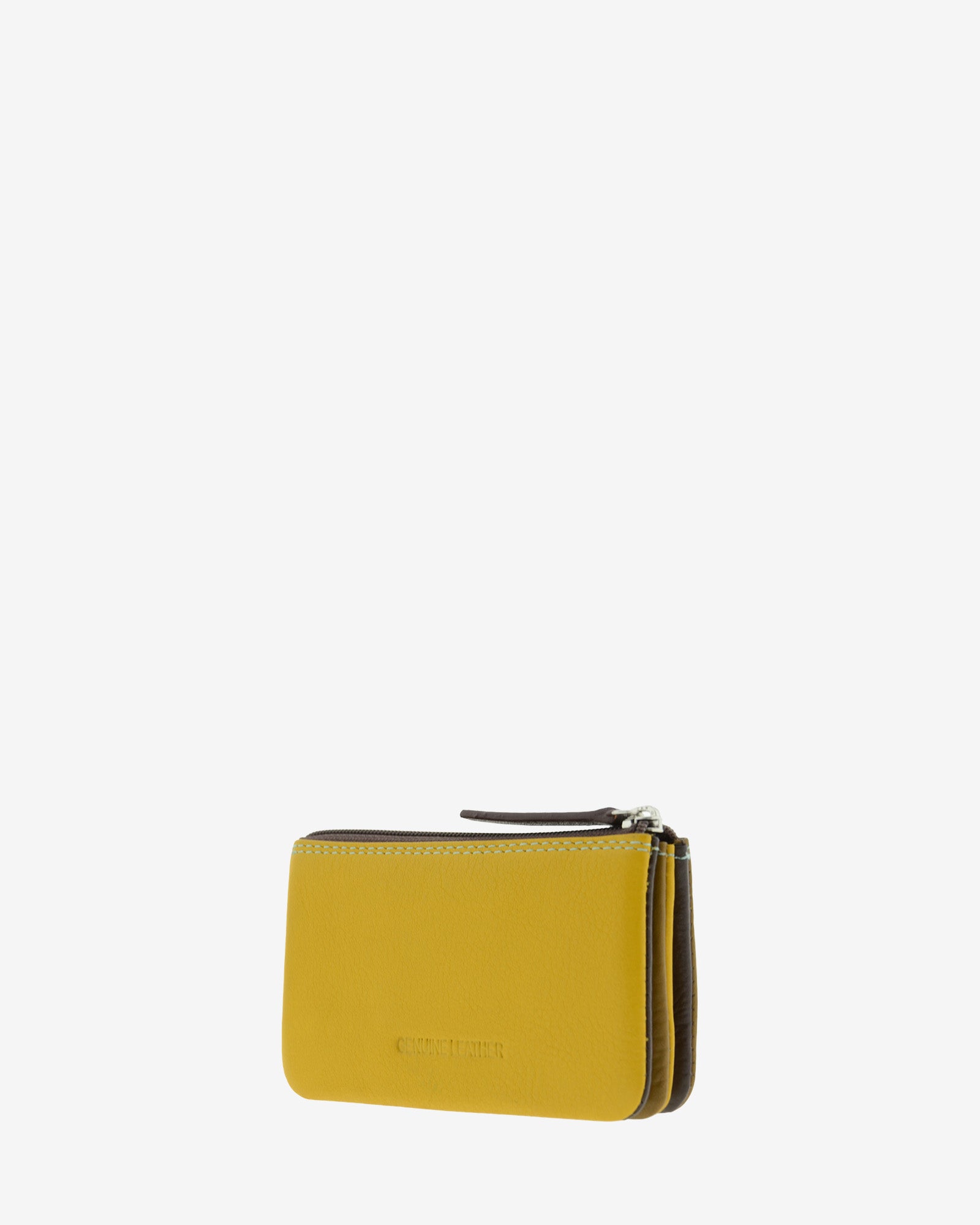 Monedero tarjetero en piel Adapell en color bronce con cierre de cremallera ref. 4246-2 vista diagonal trasera en color limón.