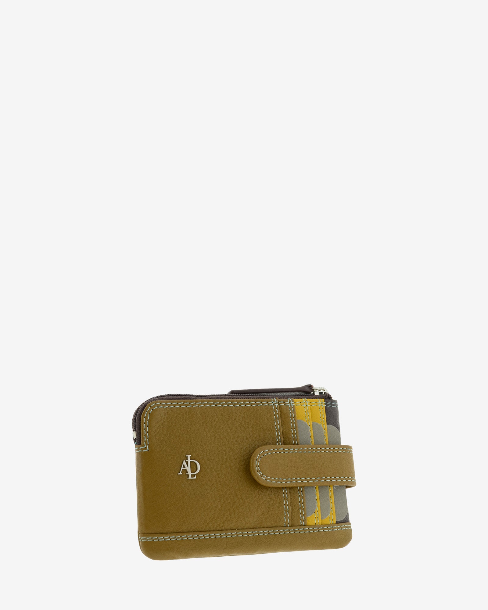 Monedero tarjetero de piel Adapell en color bronce con cierre de cremallera y tarjetas exteriores con cierre de proteccion ref. 4247-2 vista diagonal frontal.