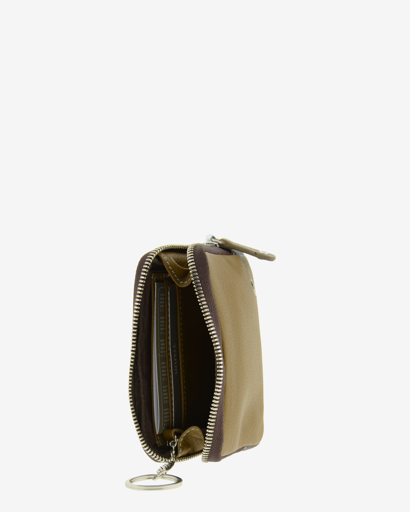 Interior del monedero de piel color bronce con anilla portallaves y compartimentos – Adapell Ref. 4248-2.