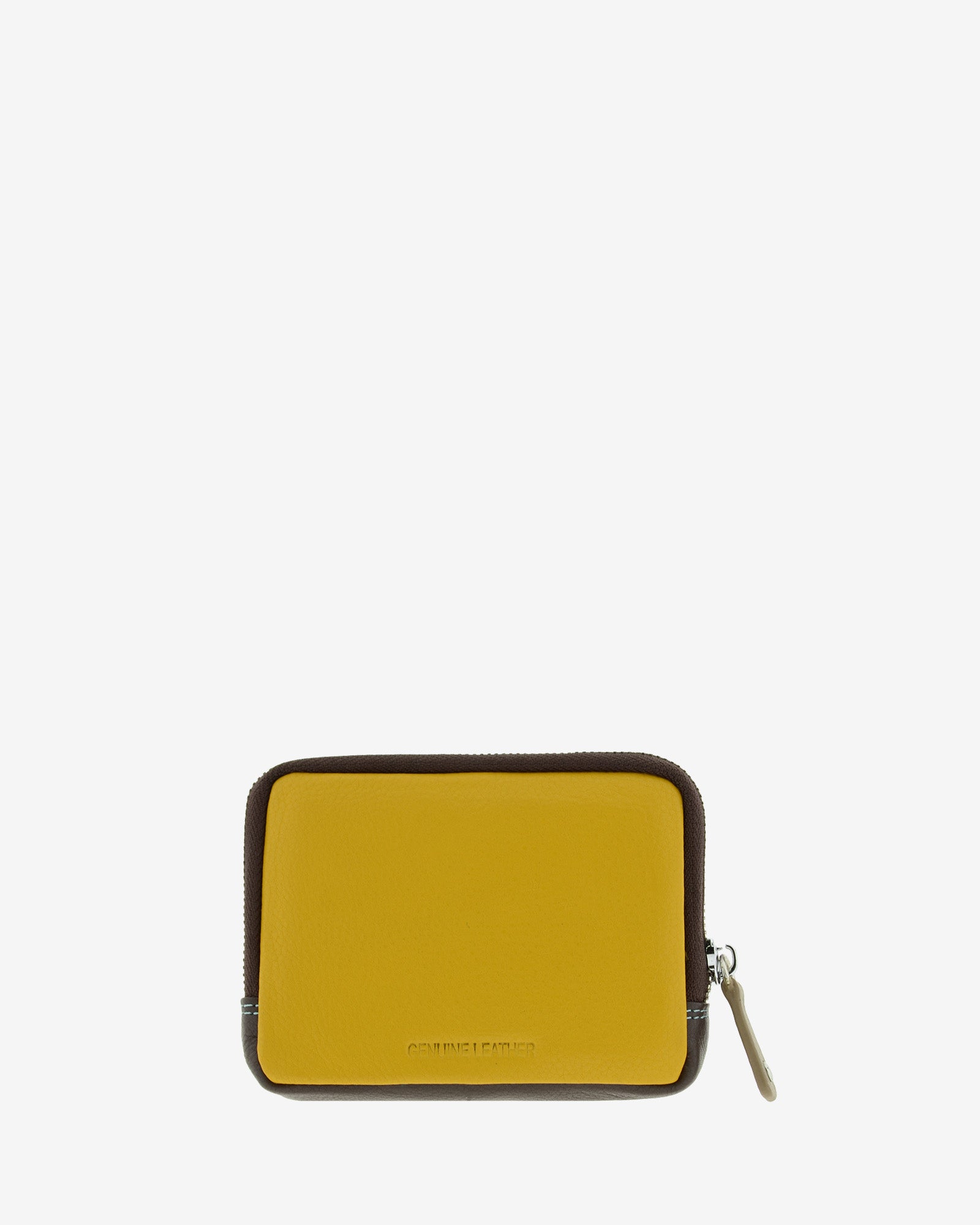 Vista trasera en color limon del monedero de piel en color bronce con bolsillo  y grabado Genuine Leather – Adapell Ref. 4248-2.