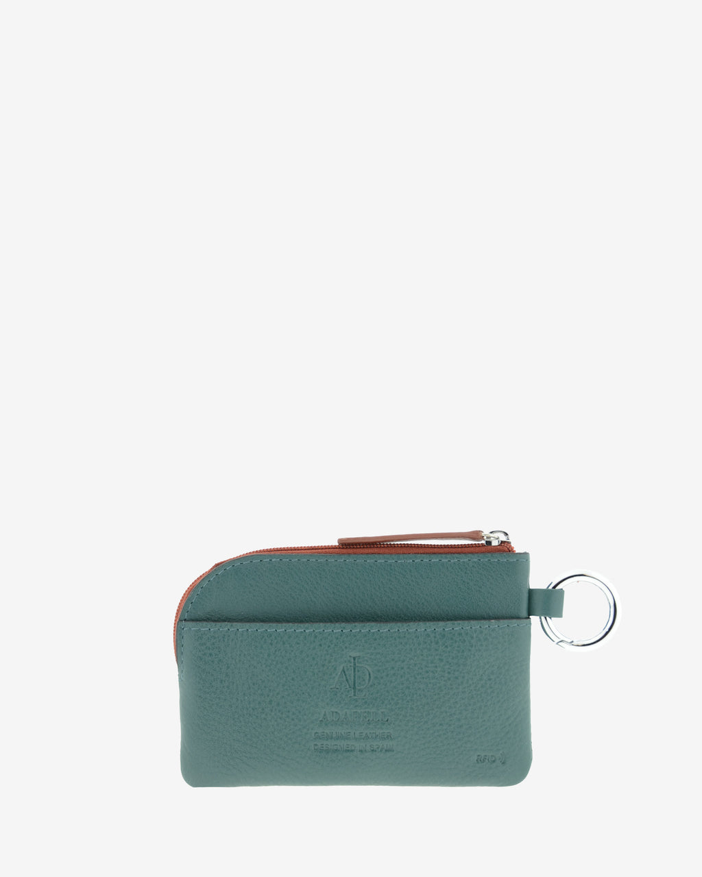 monedero de piel auténtica ref. 4251-14 en color azul ocean teal, de medida pequeña y compacta, cierre de cremallera y aro metálico, con protección de tarjetas RFID de la colección Brisa, vista trasera con compartimento exterior