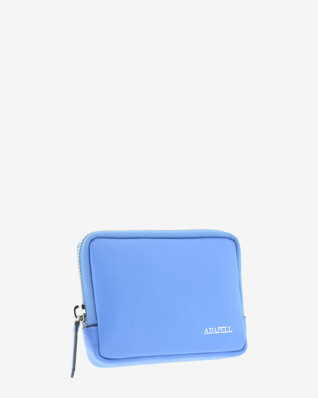 Monedero unisex de piel auténtica, ref. 8086-14, en color azul, con RFID, cremallera exterior y logo Adapell - Vista diagonal frontal