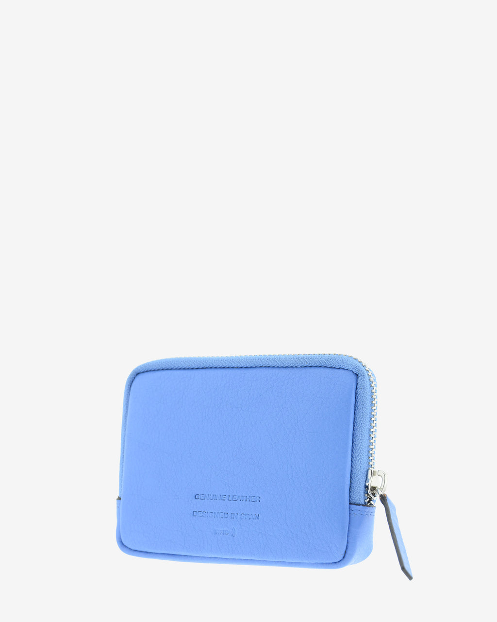Monedero unisex de piel auténtica, ref. 8086-14, en color azul, con RFID, cremallera exterior y logo Adapell - Vista diagonal trasera