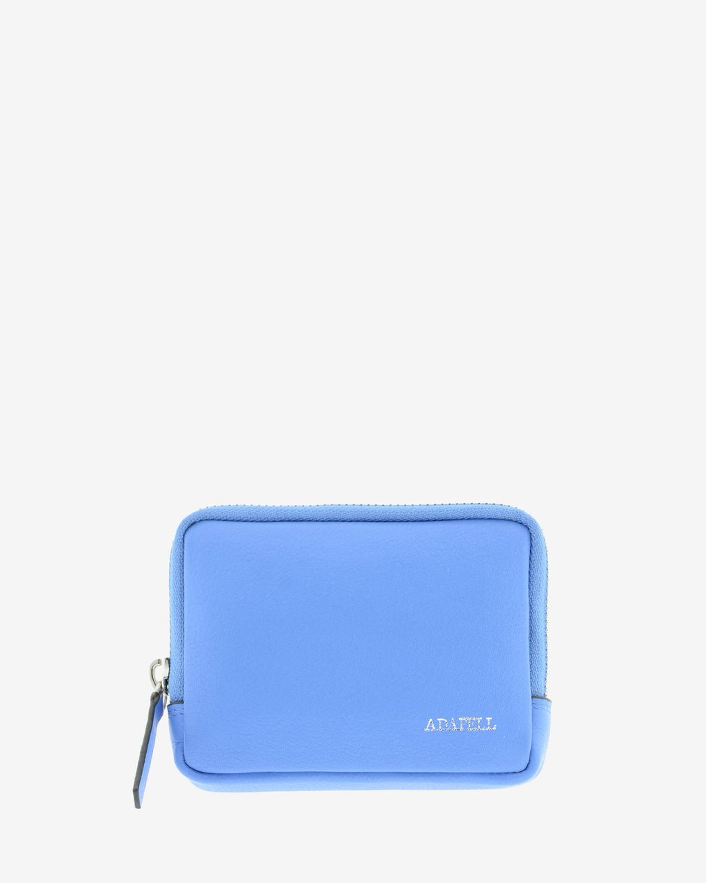 Monedero unisex de piel auténtica, ref. 8086-14, en color azul, con RFID, cremallera exterior y logo Adapell - Vista frontal