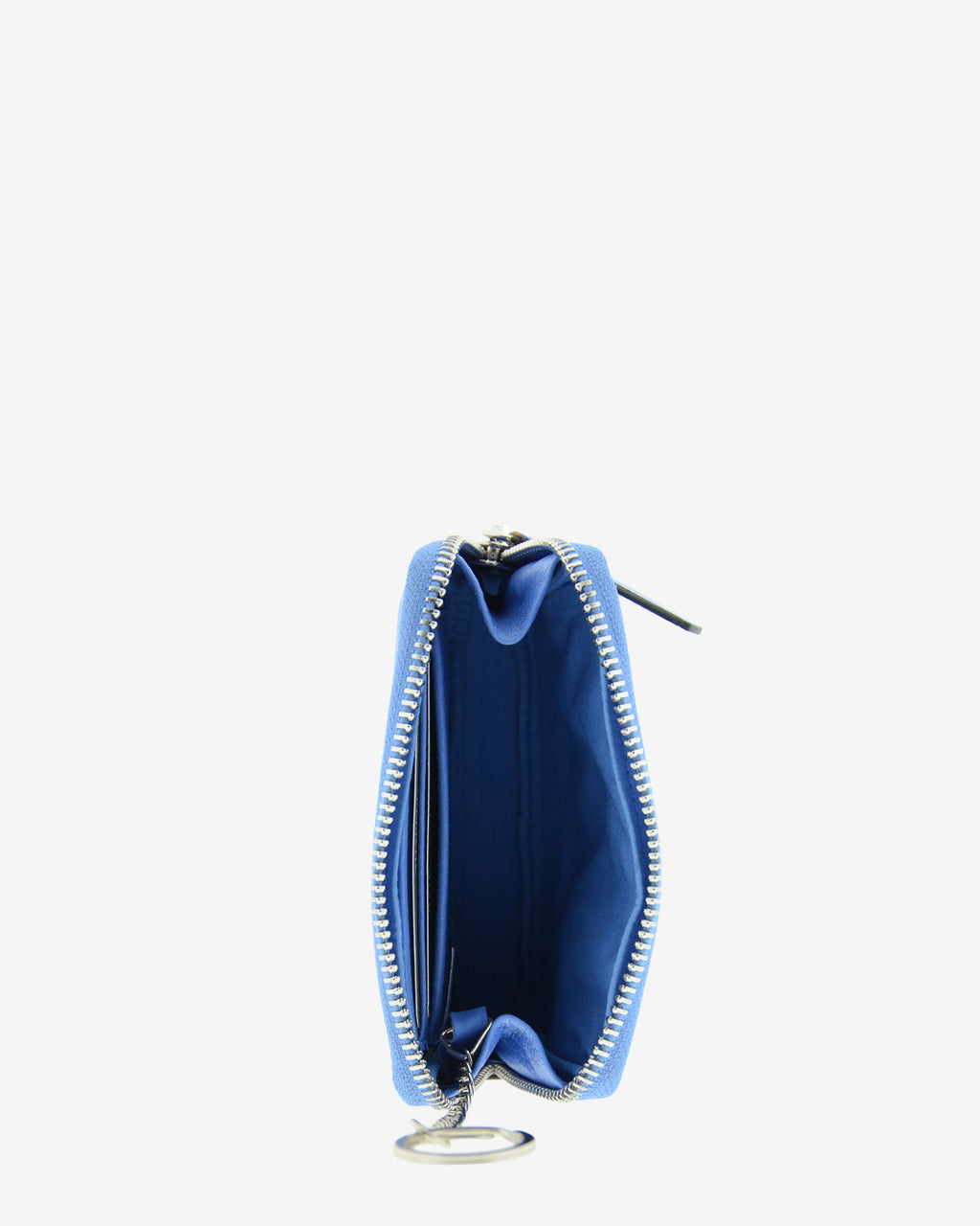 Monedero unisex de piel auténtica, ref. 8086-14, en color azul, con RFID, cremallera exterior y logo Adapell - Vista interior con ranuras para tarjetas y aro para llaves