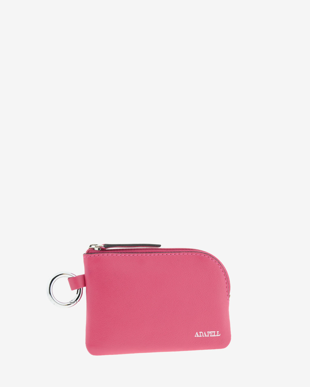 Monedero de piel auténtica ref. 8081-25 en color fucsia con ribete negro, de medida pequeña y compacta, cierre de cremallera y aro metálico exterior, con protección de tarjetas RFID de la colección Essenza, vista diagonal frontal 