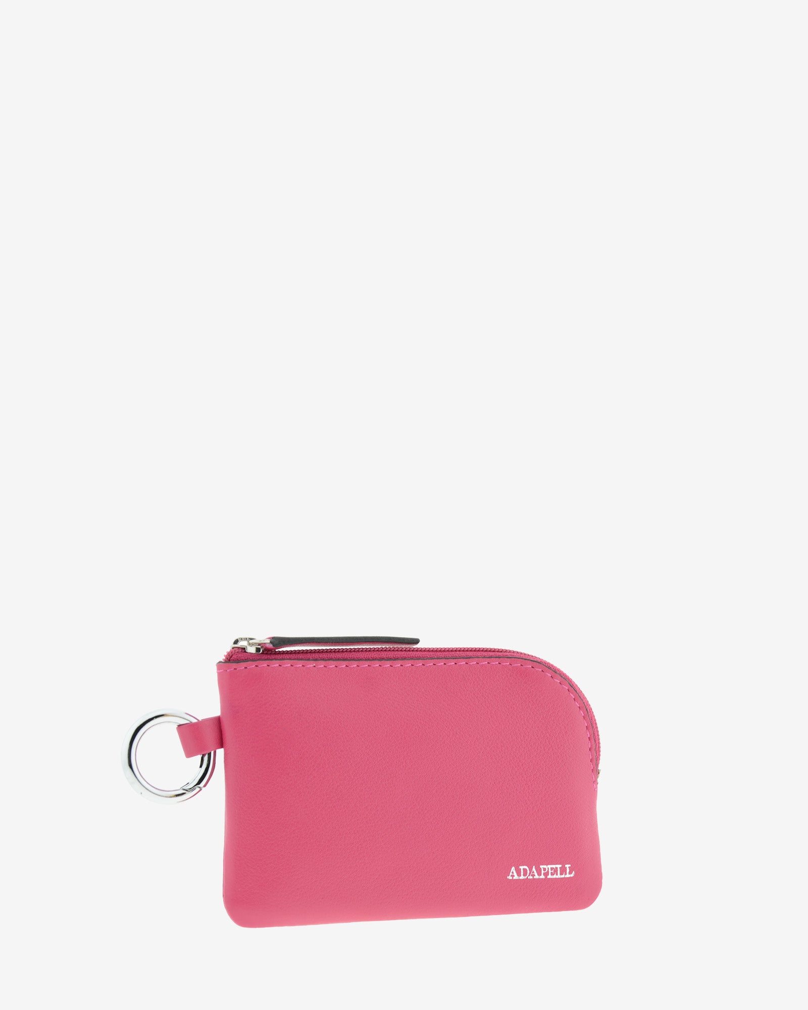 Monedero de piel auténtica ref. 8081-25 en color fucsia con ribete negro, de medida pequeña y compacta, cierre de cremallera y aro metálico exterior, con protección de tarjetas RFID de la colección Essenza, vista diagonal frontal 