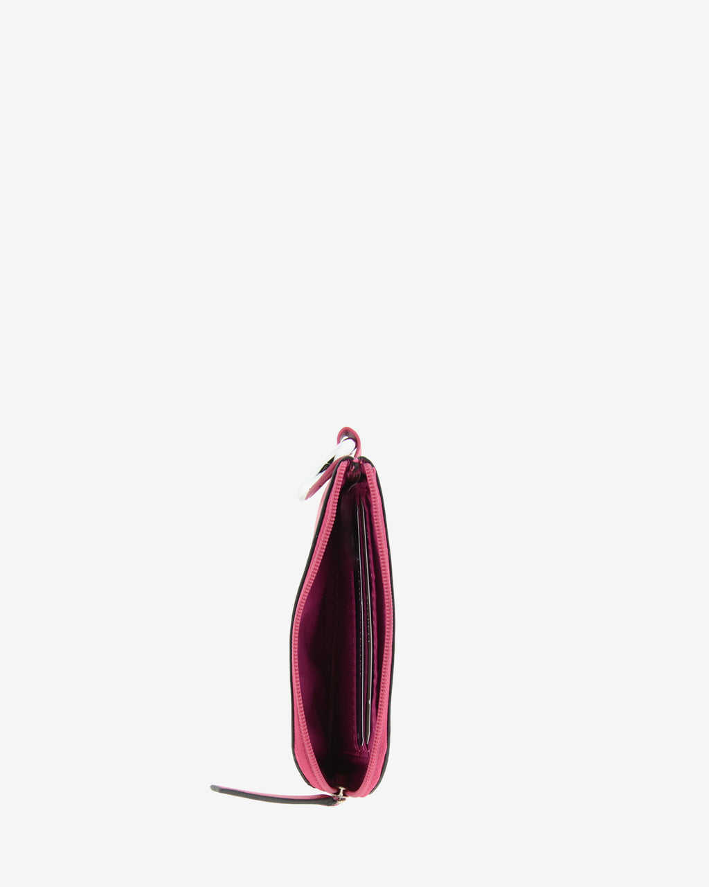 Monedero de piel auténtica ref. 8081-25 en color fucsia con ribete negro, de medida pequeña y compacta, cierre de cremallera y aro metálico exterior, con protección de tarjetas RFID de la colección Essenza, vista interior