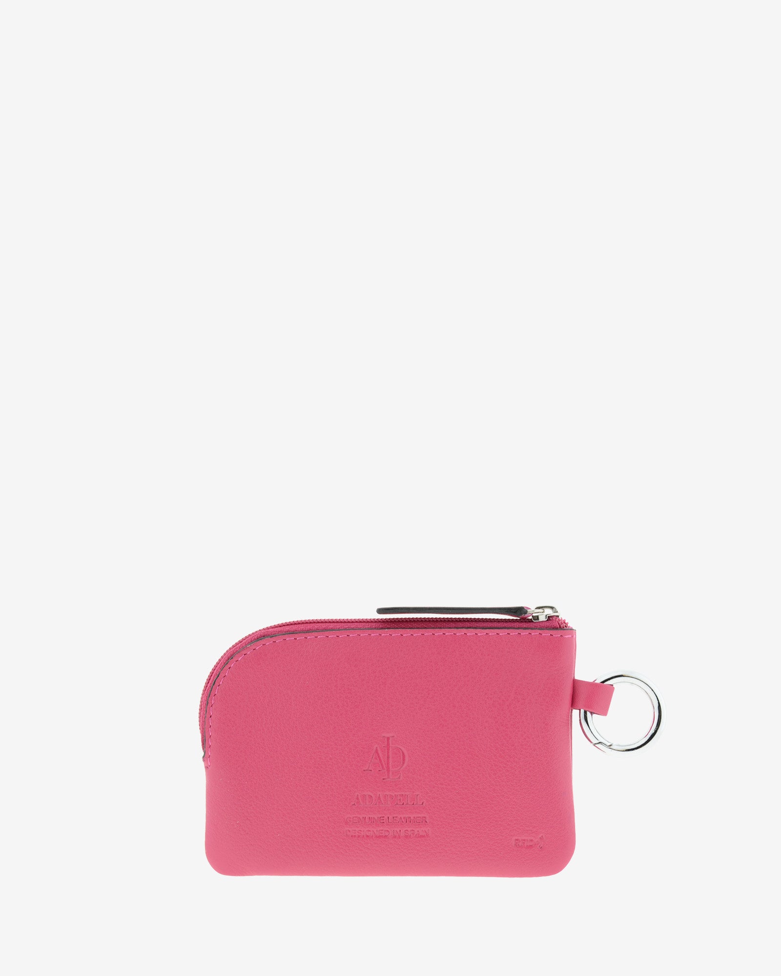 Monedero de piel auténtica ref. 8081-25 en color fucsia con ribete negro, de medida pequeña y compacta, cierre de cremallera y aro metálico exterior, con protección de tarjetas RFID de la colección Essenza, vista trasera
