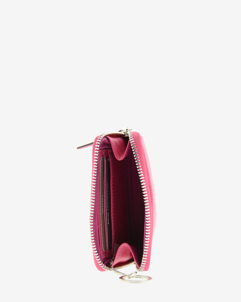 Monedero unisex de piel auténtica, ref. 8086-25, en color fucsia, con RFID, cremallera exterior y logo Adapell - Vista interior con compartimentos tarjetas y aro para llaves