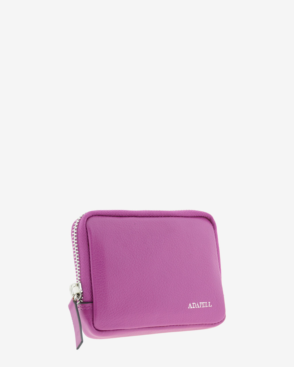 Monedero unisex de piel auténtica, ref. 8086-4, en color lila, con RFID, cremallera exterior y logo Adapell - Vista diagonal frontal