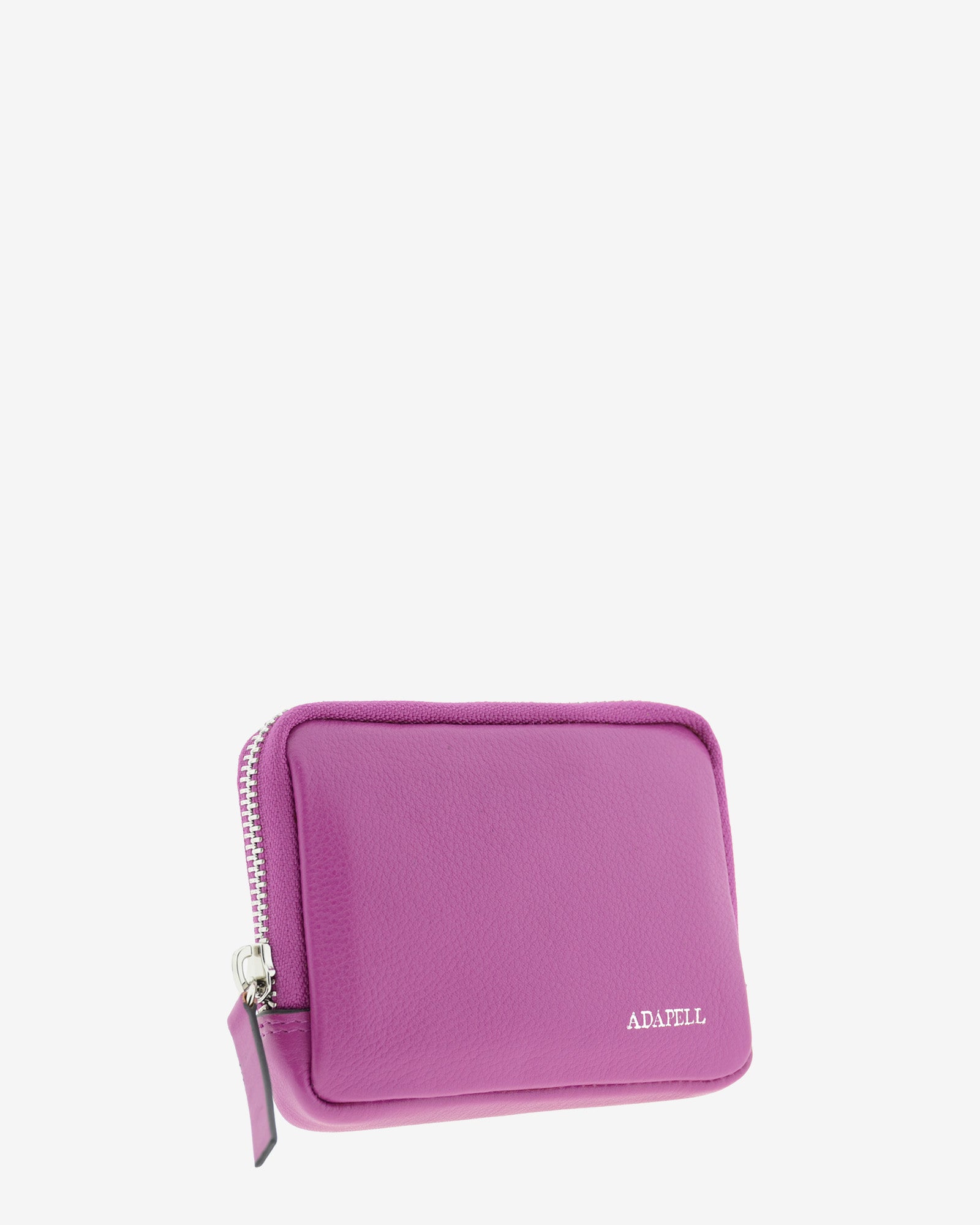 Monedero unisex de piel auténtica, ref. 8086-4, en color lila, con RFID, cremallera exterior y logo Adapell - Vista diagonal frontal