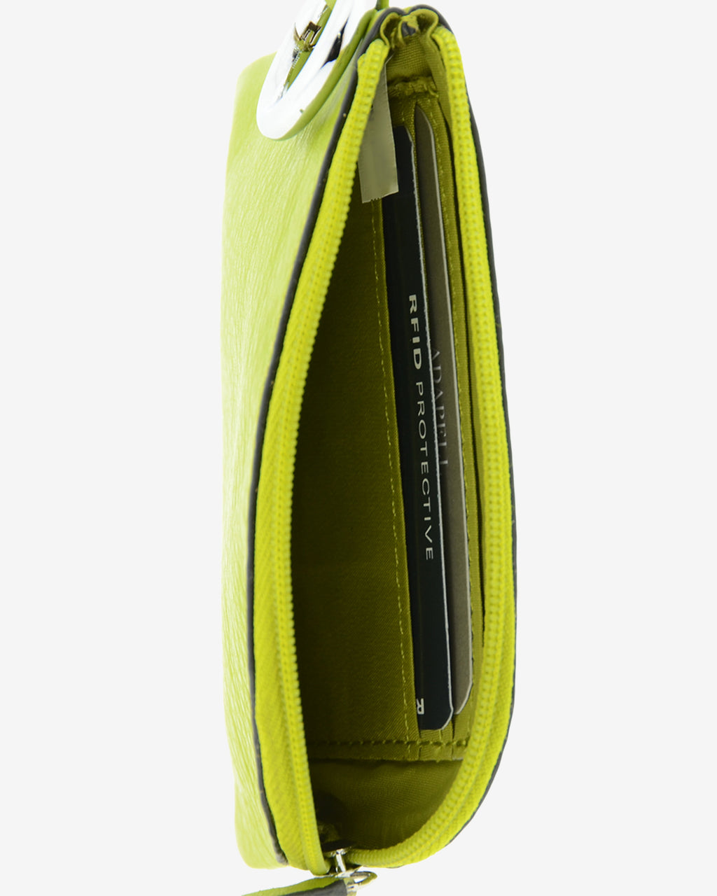 Monedero de piel auténtica ref. 8081-17 en color lima, de medida pequeña y compacta, cierre de cremallera y aro metálico exterior, con protección de tarjetas RFID de la colección Essenza, vista interior