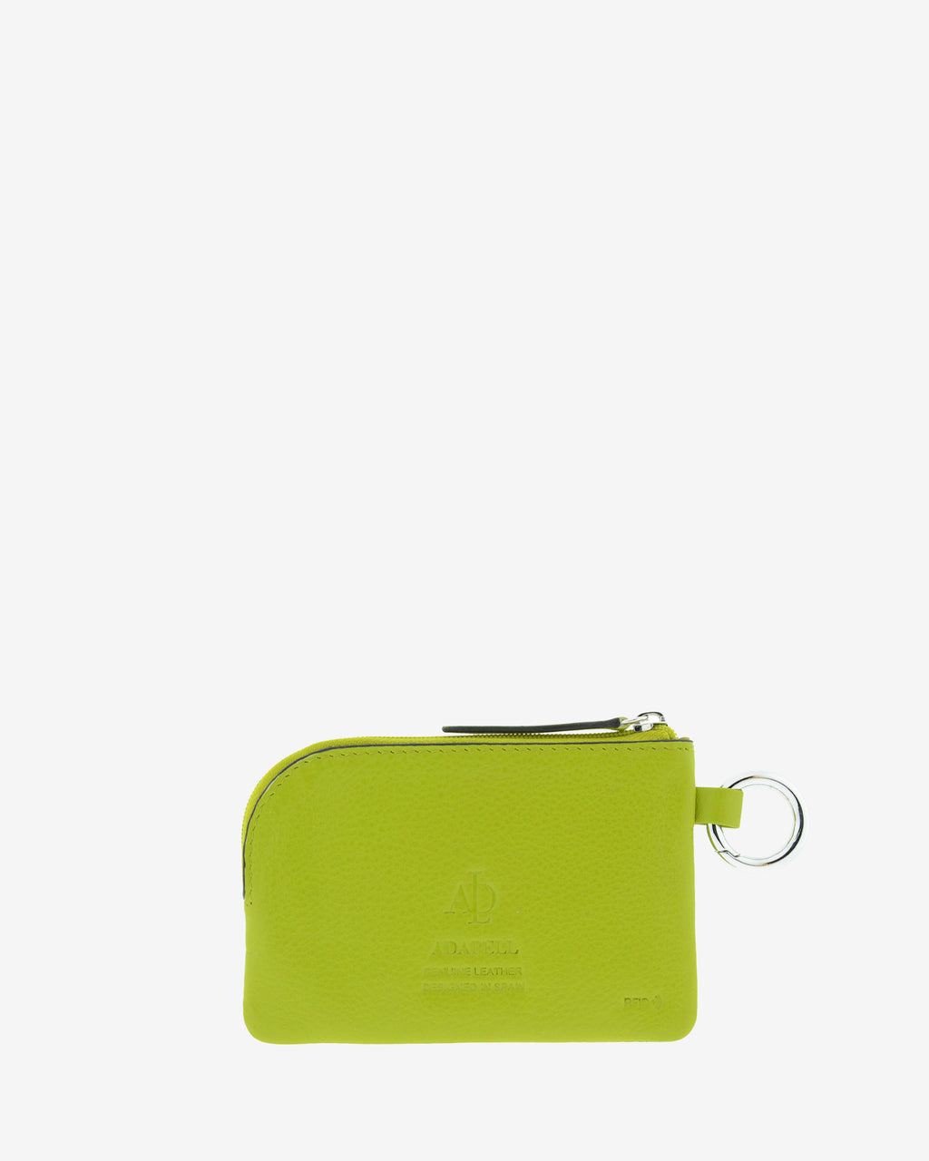 Monedero de piel auténtica ref. 8081-17 en color lima, de medida pequeña y compacta, cierre de cremallera y aro metálico exterior, con protección de tarjetas RFID de la colección Essenza, vista trasera